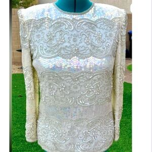Vintage Joan Leslie White Sequin Embellished Evening Blouse Top 12